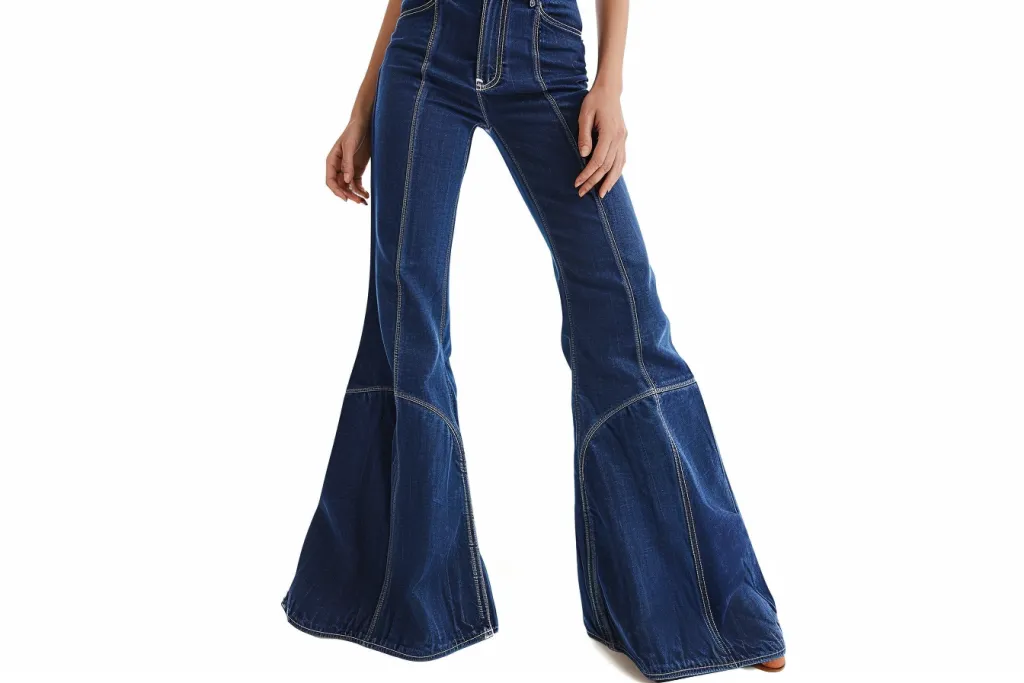A pair of navy blue denim high-waisted pants with flared legs are displayed