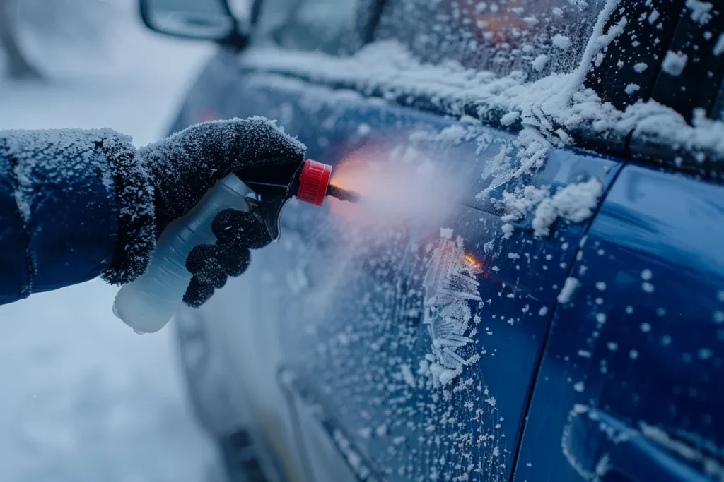 A person holding an ice de-icer fine spray bottle