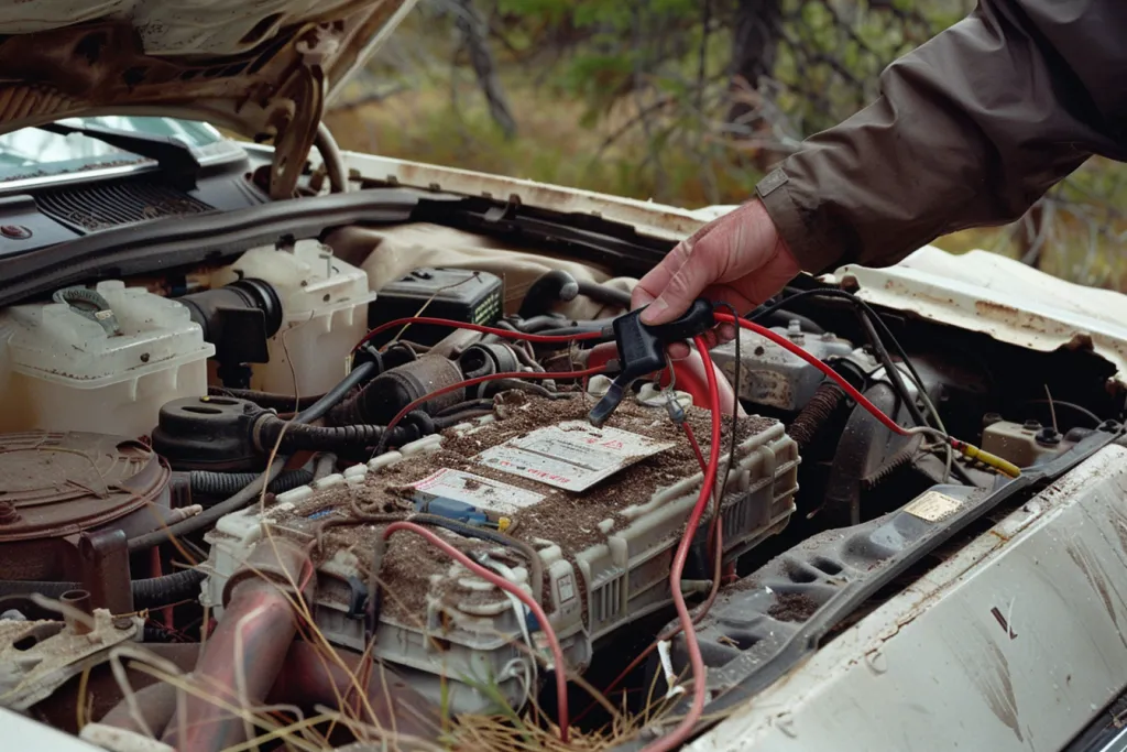 A person is charging the car battery with an empty power cassette