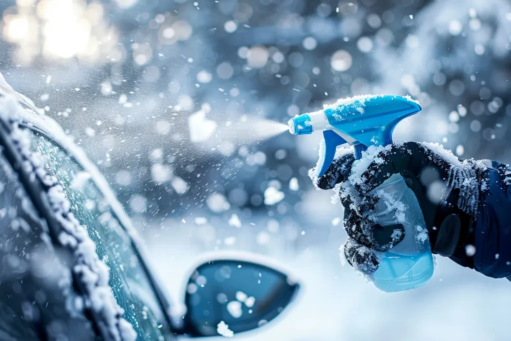 A person is using blue spray to clean snow off their car window