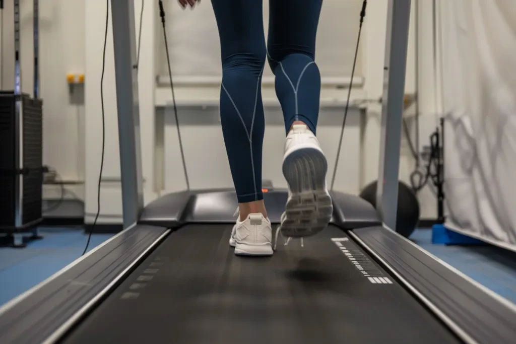 A person is walking on the treadmill