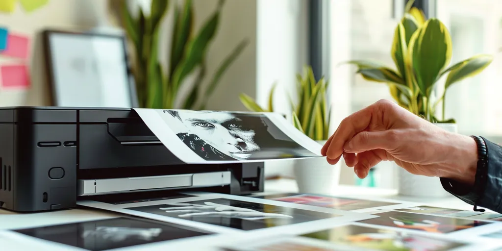 A person pulling out printed photos from an printer