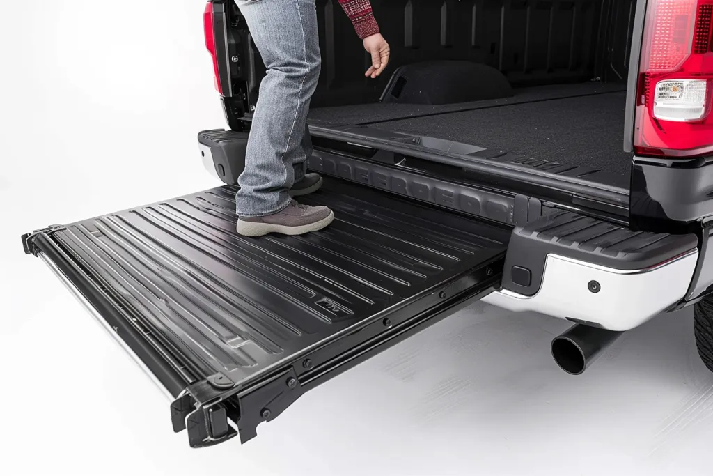 A person setting up the tailgate truck bed slide out on their black metal truck cargo area