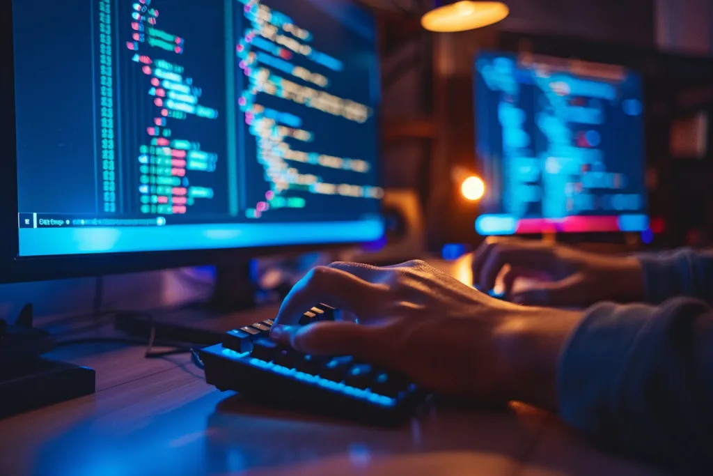 A person typing on keyboard in front of computer screen with code