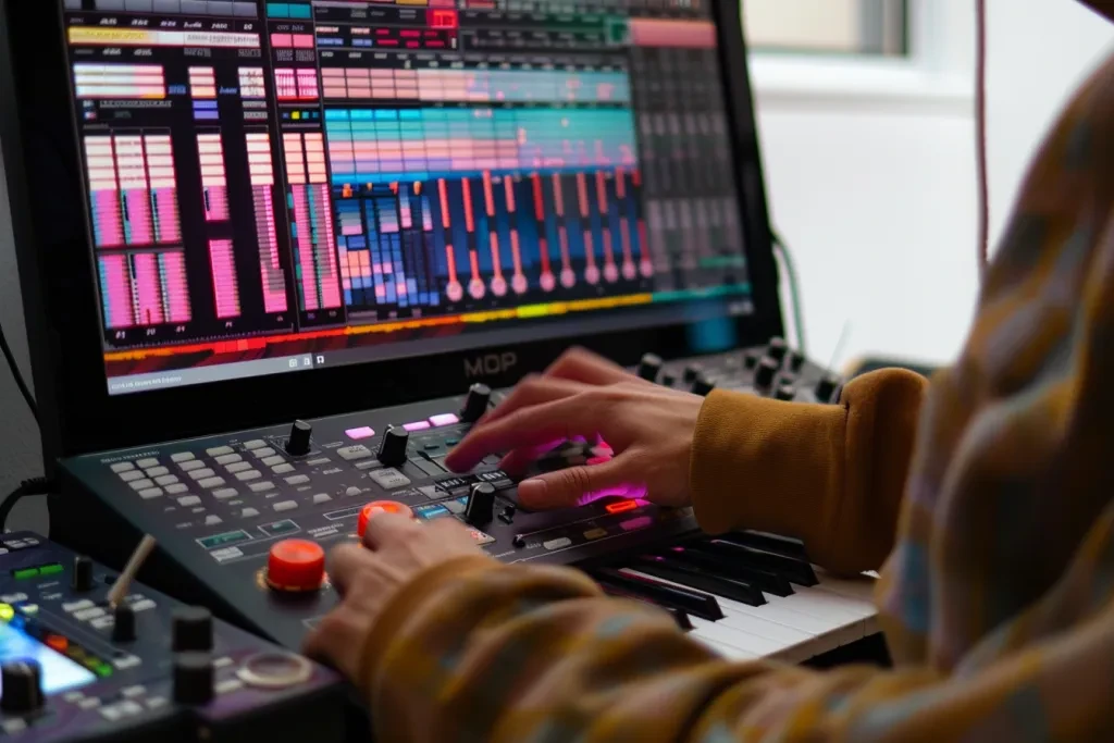 A person wearing a brown hoodie is playing on a beat maker