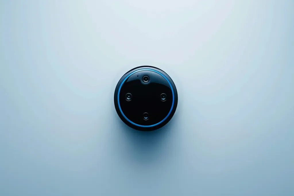 A photo of a black and blue echo dot