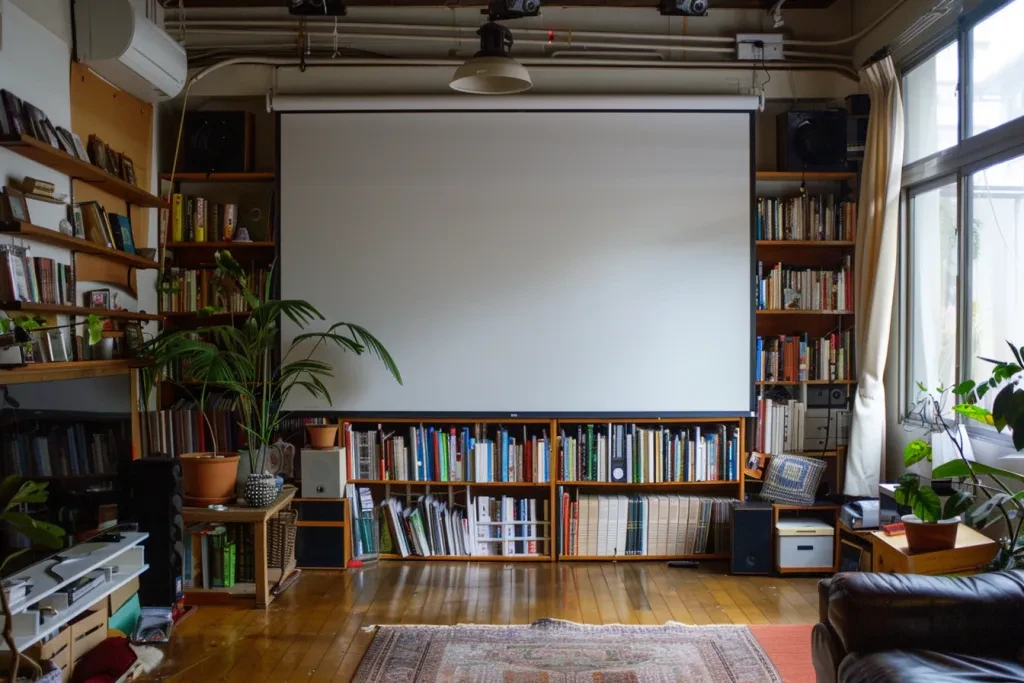 A photo of a large white projector screen