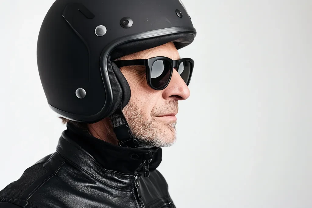 A photo of a man wearing black sunglasses and a helmet