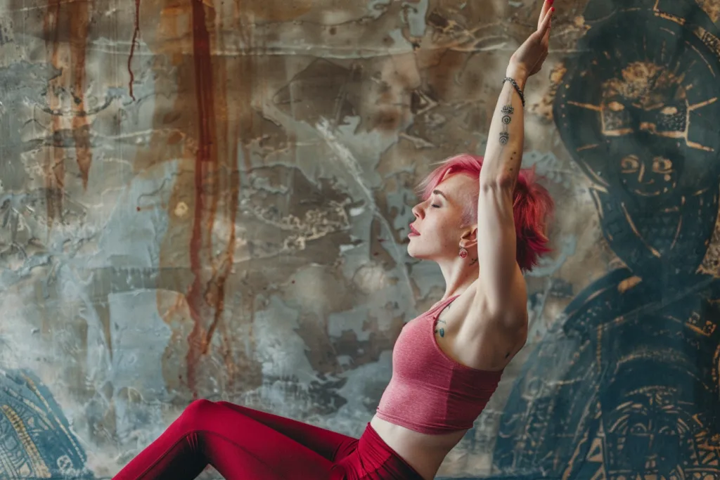 A photo of a woman with short hair doing yoga
