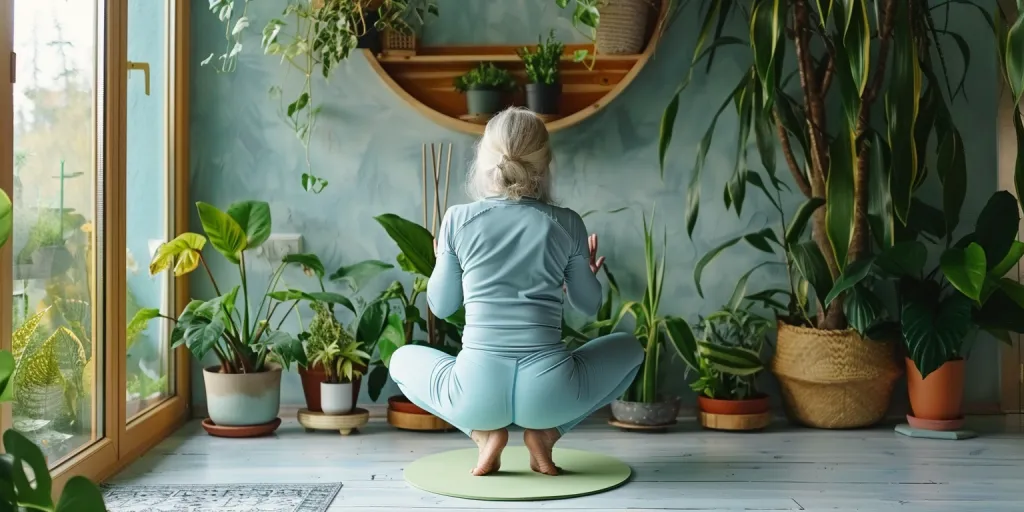 A photo of an elderly woman doing wall squats