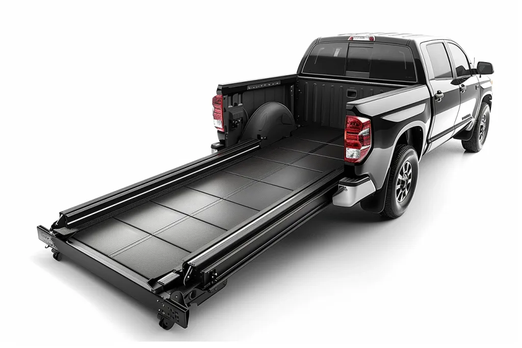 A photo of an open truck bed with the roller slide opened