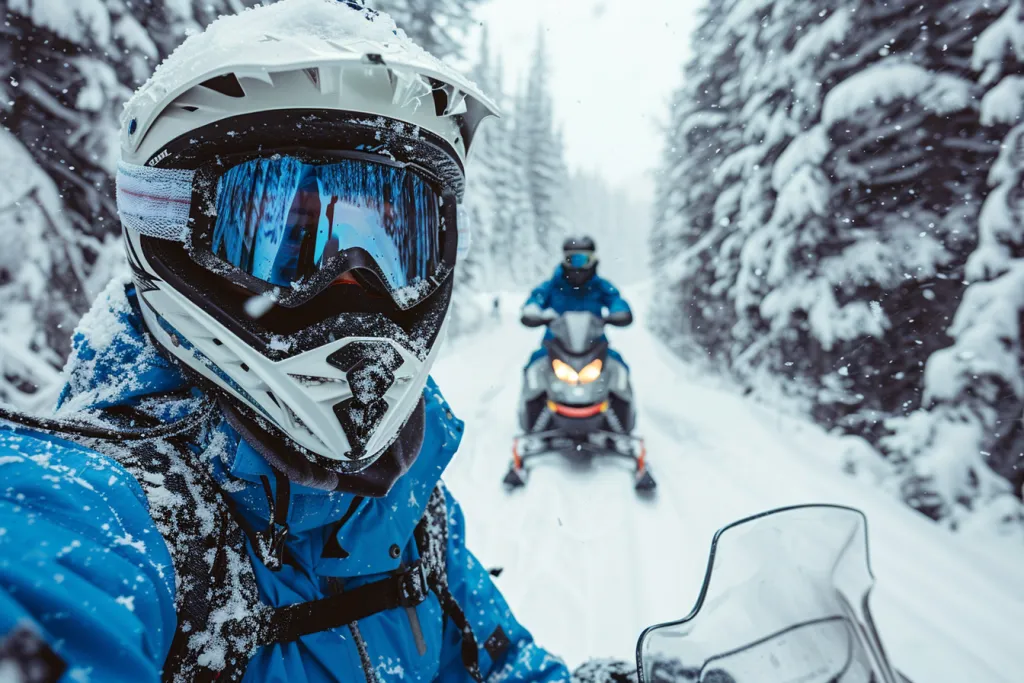 A photo of snowmobiles and their pilot in blue gear