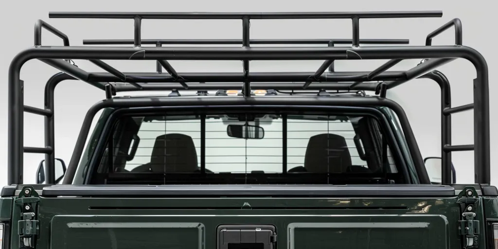 A photo of the back window and rear side glass rack on an open truck bed with black metal bars