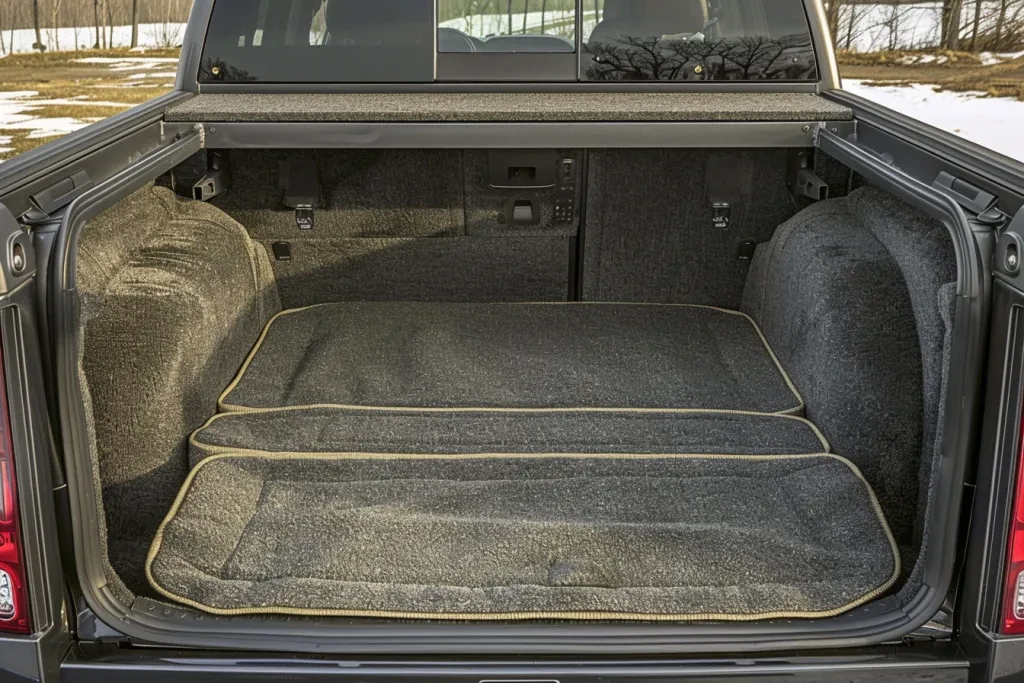 A photo of the trunk bed area with carpeted material