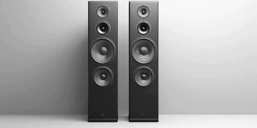 A photo shows a pair of tower speakers in black color on a white background