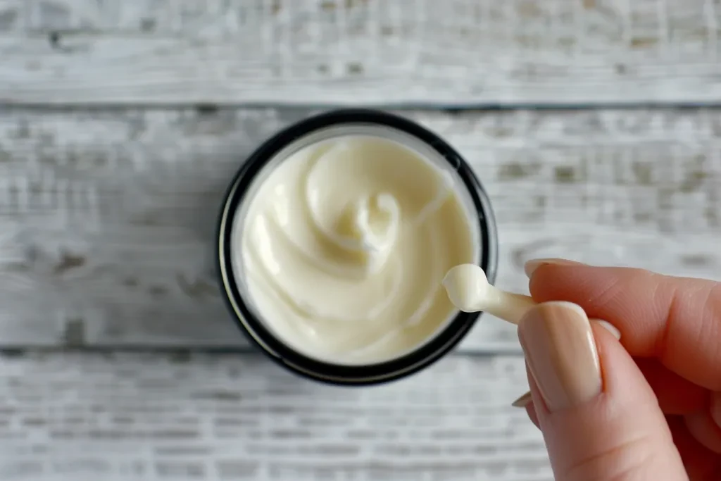 A photo shows a top view of an open cream jar with white cream inside