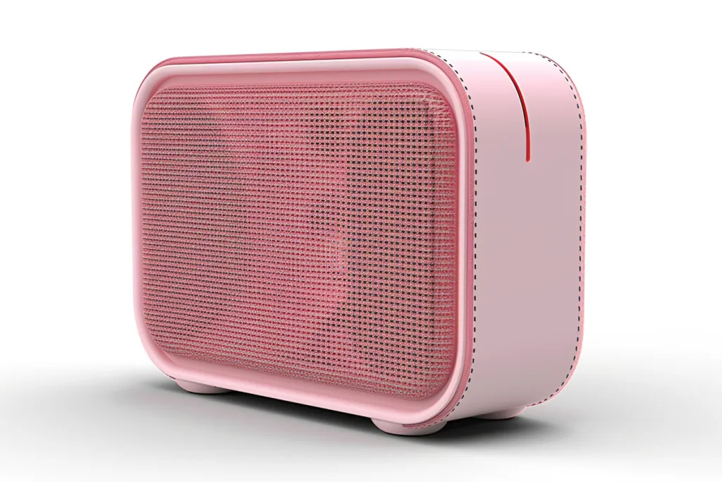 A pink rectangular speaker with rounded edges