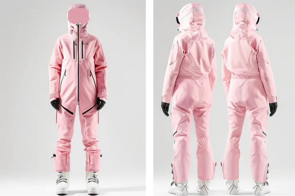 A pink ski suit with zippers on the front and back against a flat
