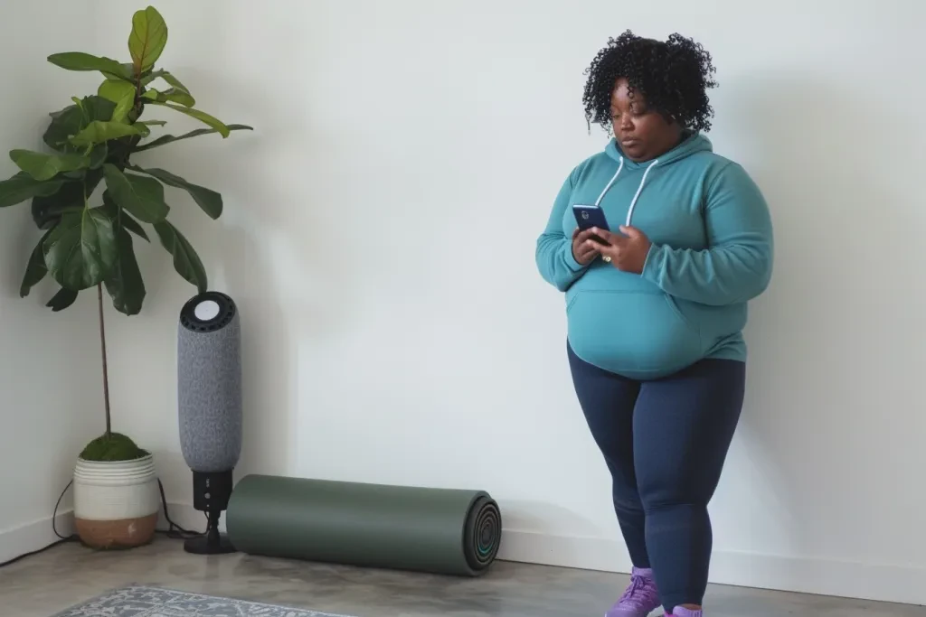 A plus size black woman wearing a teal hoodie