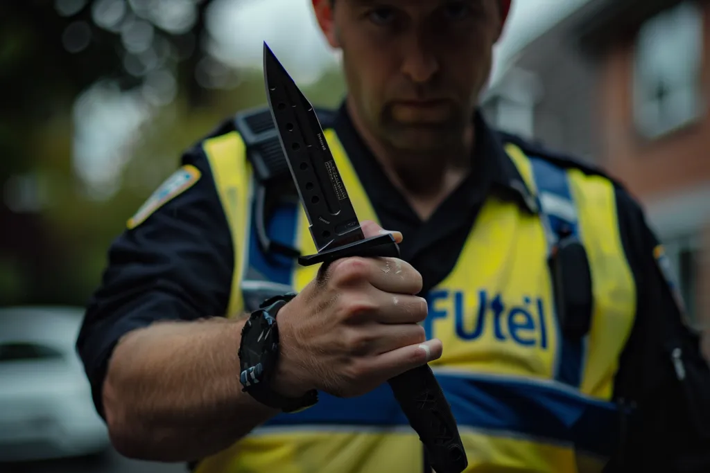 A police officer is holding up a zombie knife