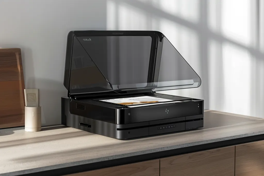 A printer with its glass cover open