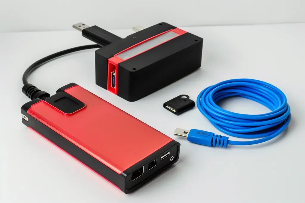 A product photo of a power bank with car jump-starting features on