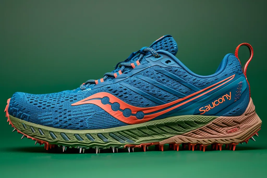 A product photo of an blue and orange trail running shoe