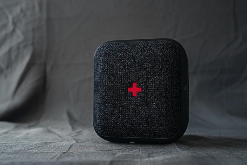 A product photo of the entire black speaker with a red cross on it