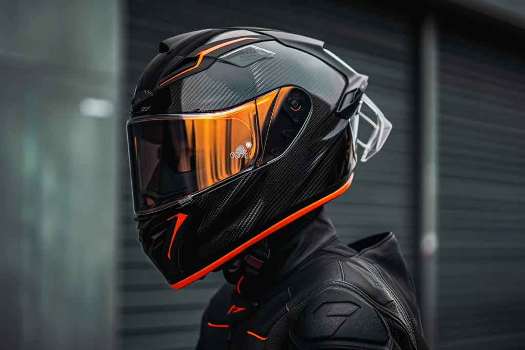 A profile picture of an all-black motorcycle helmet with an orange visor