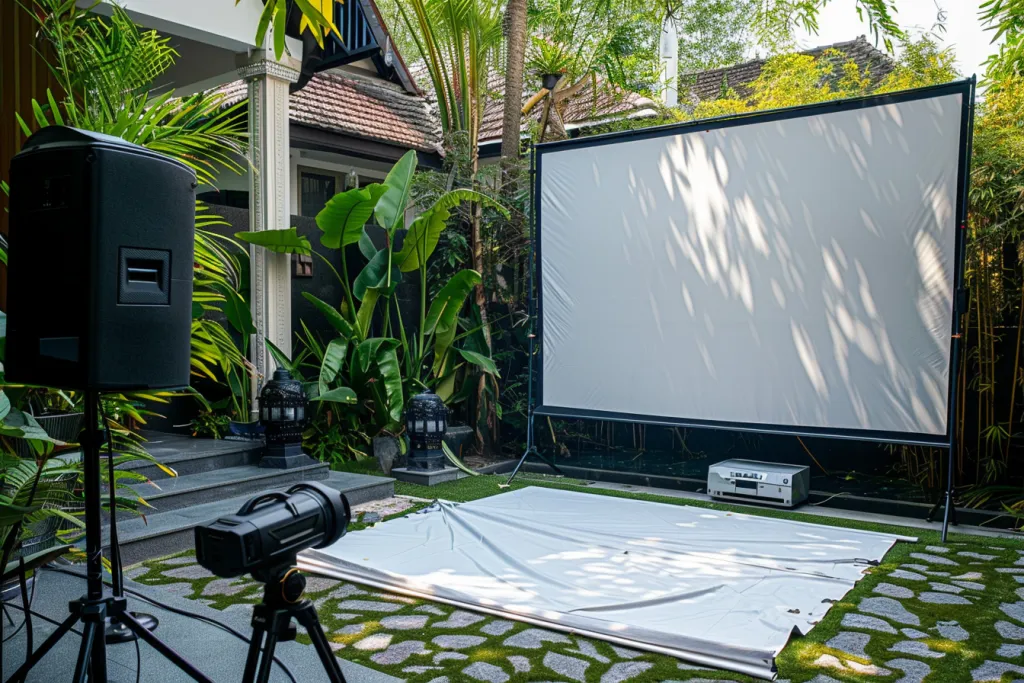 A projector and white screen on the front of an outdoor home theater