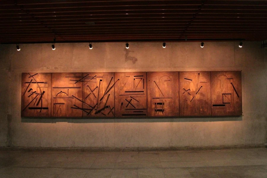 A rectangular oversized wooden wall art
