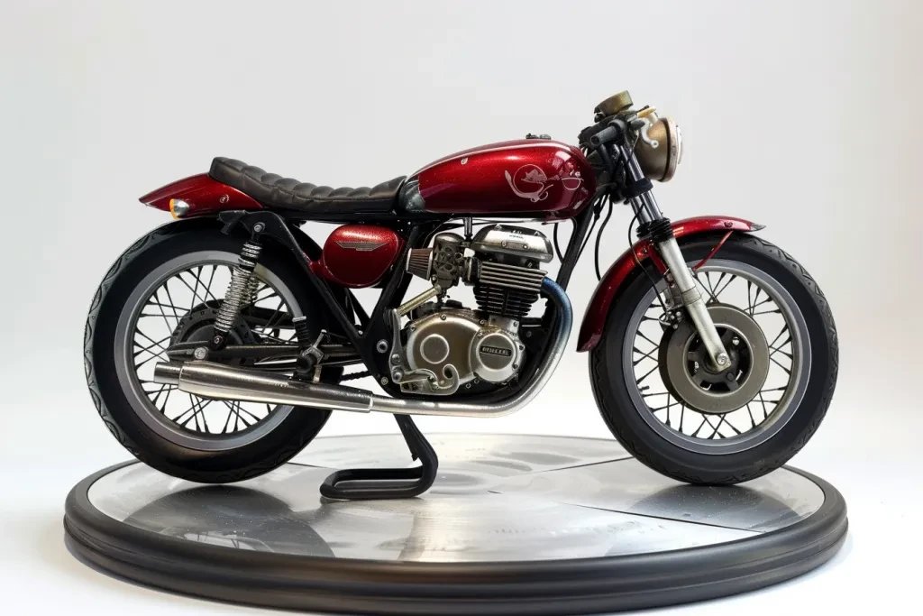 A red and black motorcycle on top of an aluminum circular mat with a white background