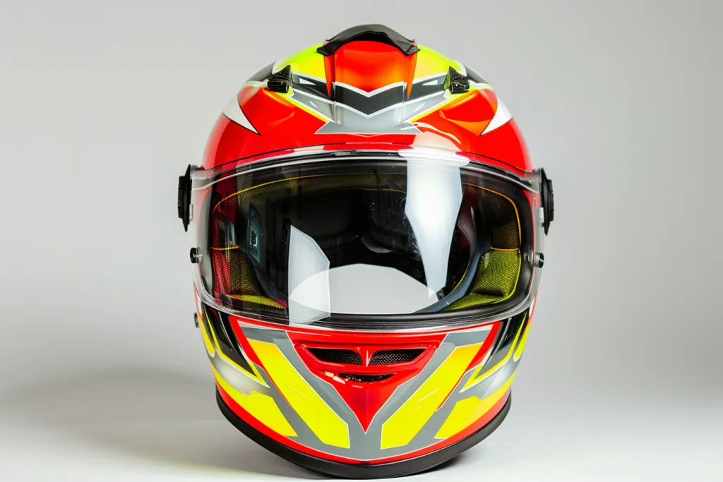 A red and yellow cross helmet with black