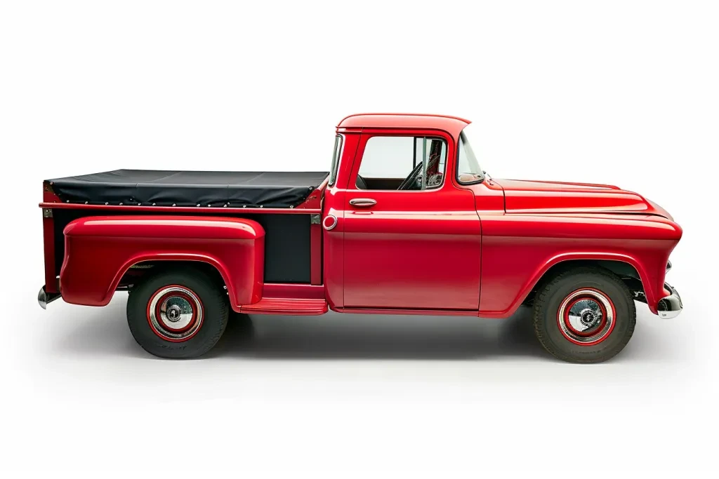 A red truck with an open black vinyl soft cover on the bed