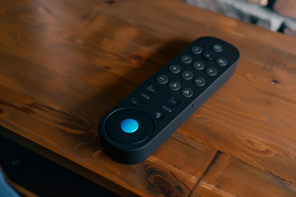 A remote control for the fire tv is sitting on top of an oak table