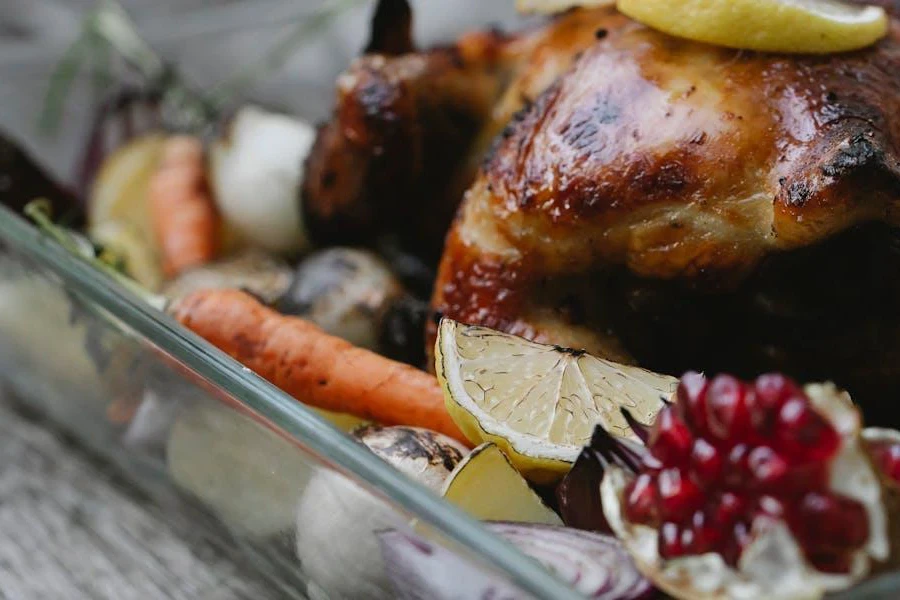 A roasting pan packed with meat and vegetables