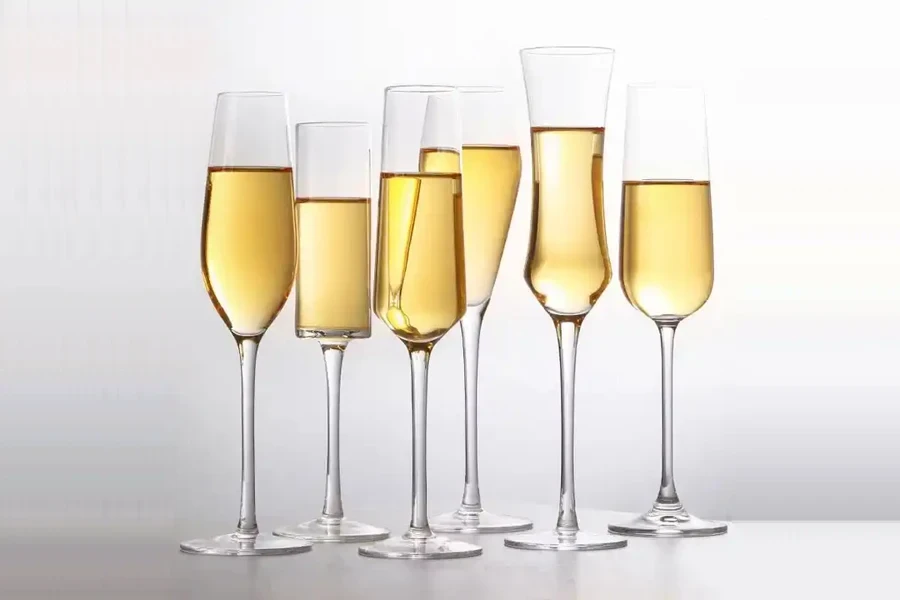 A selection of six different flute-shaped champagne glasses