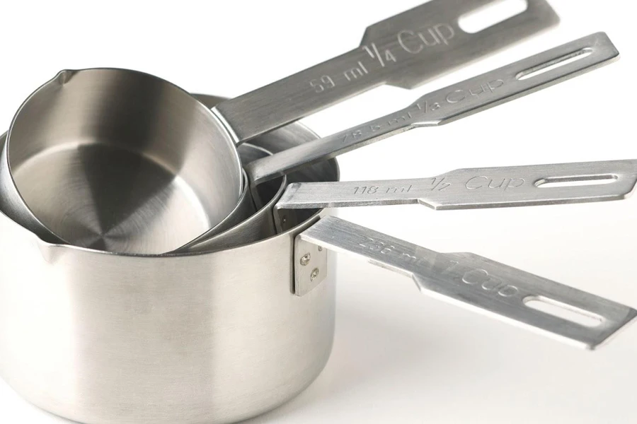 A set of stainless measuring cups