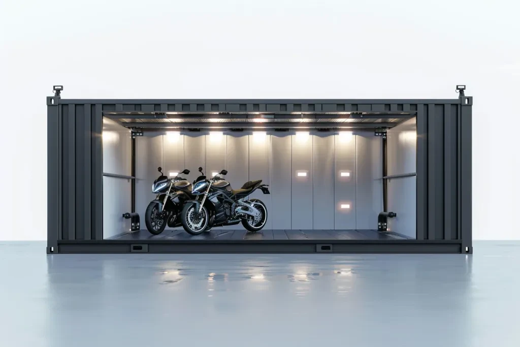 A shipping container with three motorcycle mountings inside