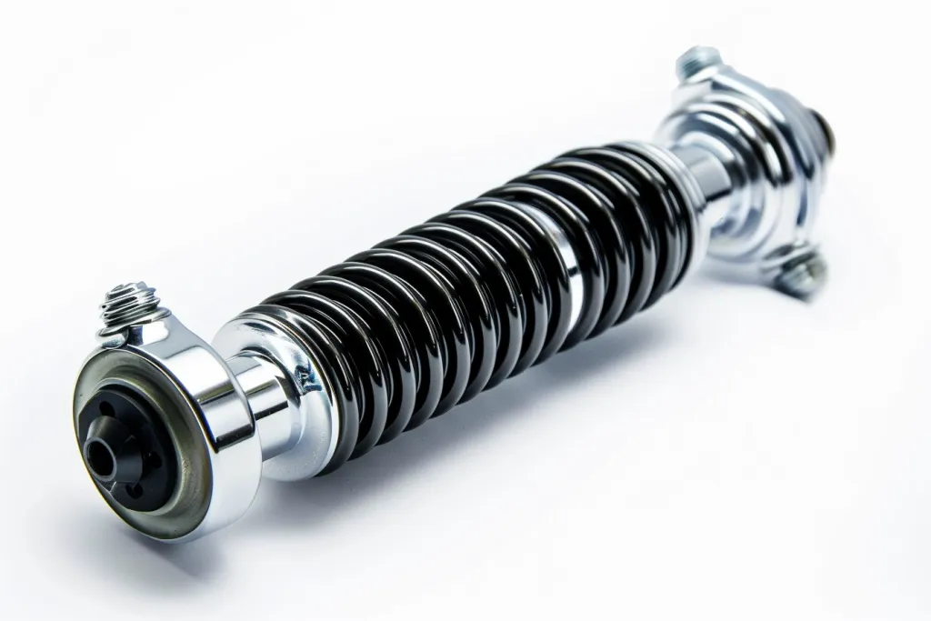 A silver motorcycle shock with a black rubber spring on a white background