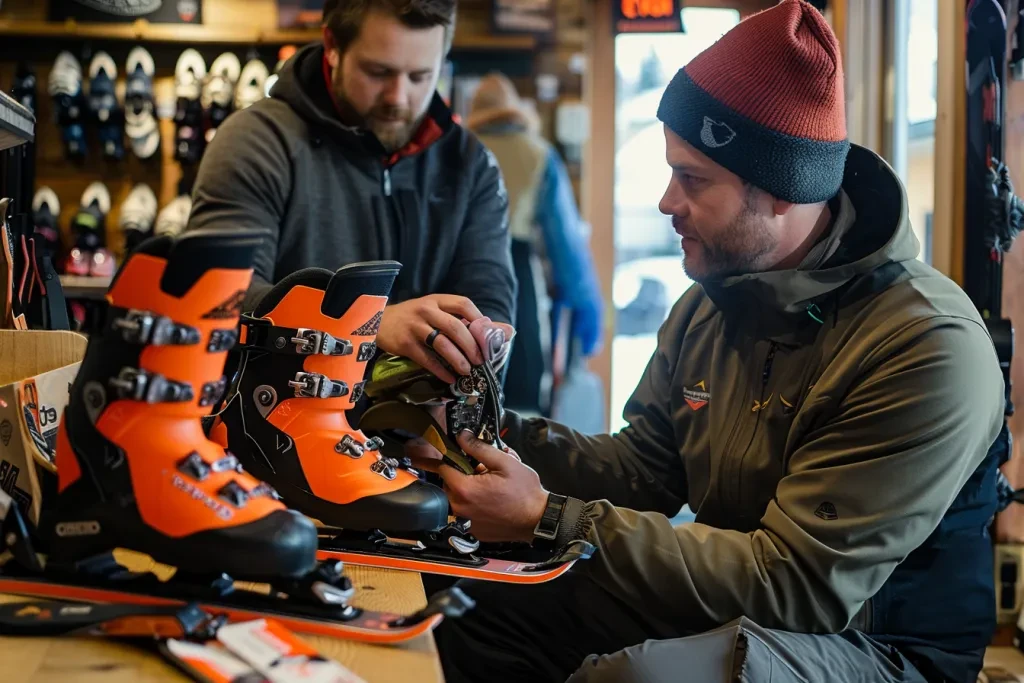 A ski shop employee is holding the ski boots