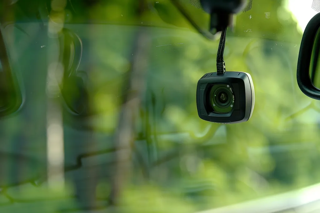 A small black camera mounted on the rearview mirror of an SUV