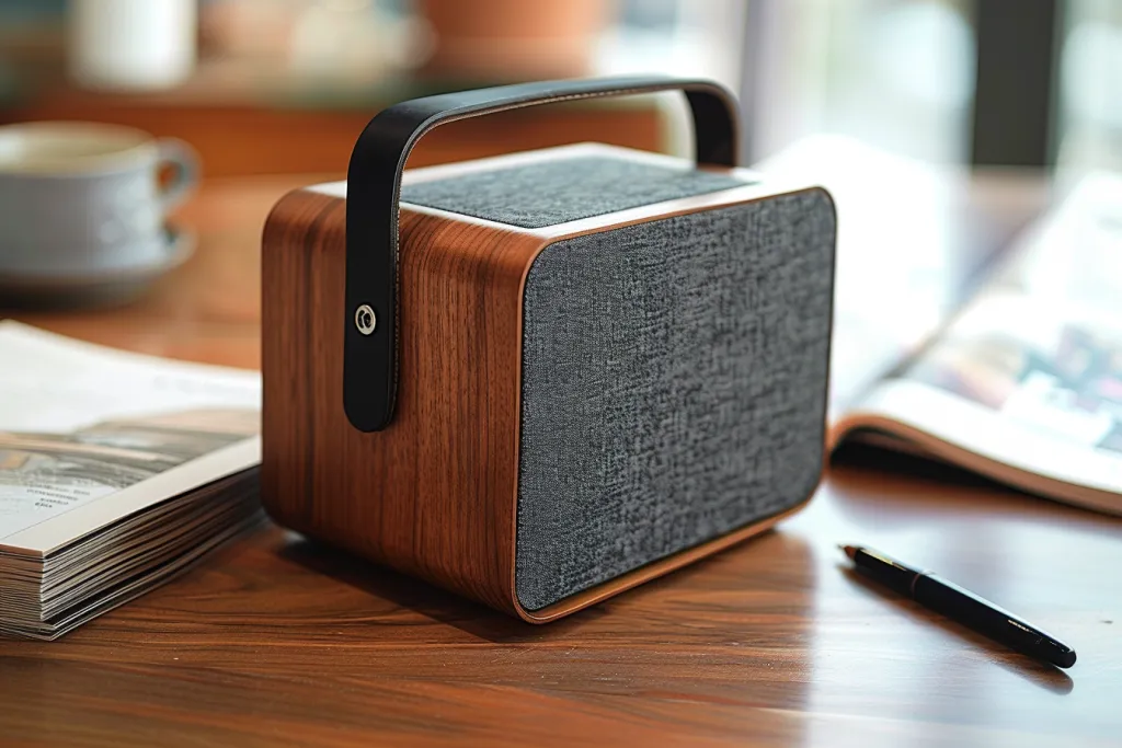 A small, portable speaker with wooden