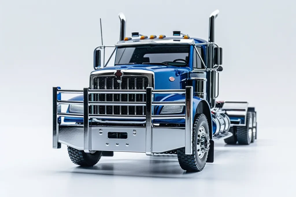 A stainless steel front end brush guard for the model truck on a white background