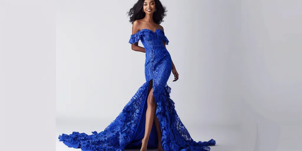 A stunning blue offtheshoulder lace mermaid gown with side slit