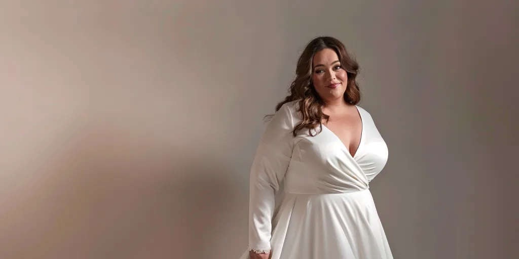 A stunning full body shot of an elegant and glamorous plus size woman in white wedding dress
