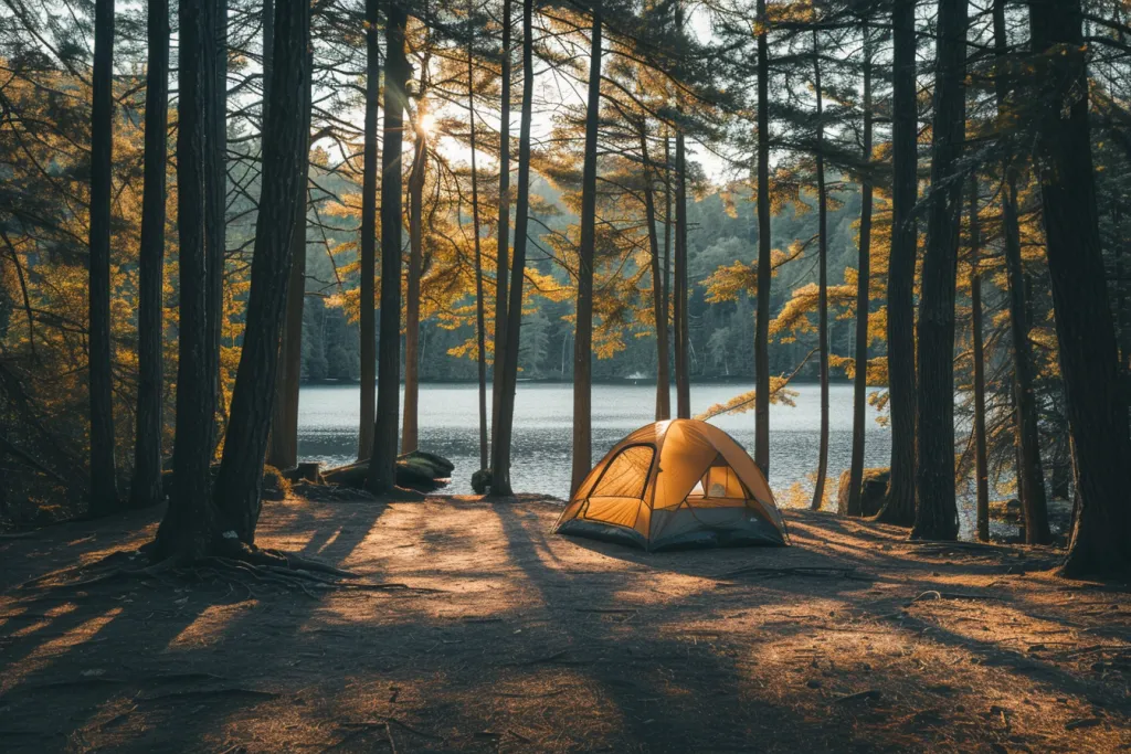A tent is set up in the middle of an outdoor camping site surrounded by tall trees