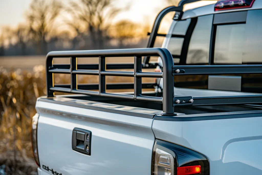 A truck bed rack is mounted on the back of an open white work pickup