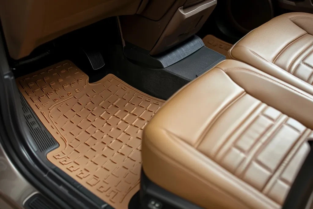 A two piece tan rubber floor mat for a car