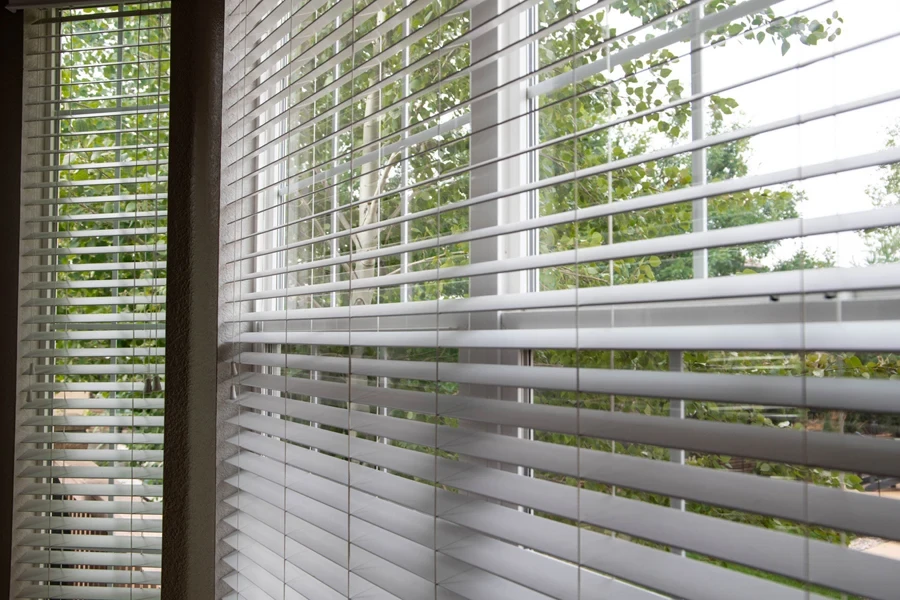 A view of Aspen trees through Venetian blinds